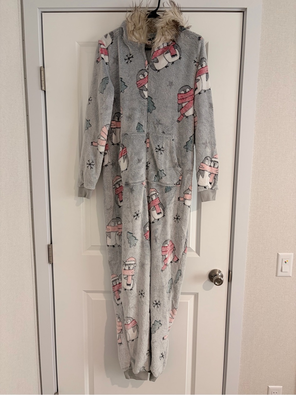 Cozy Grey Penguin Fleece Onesie Pajamas with Hood